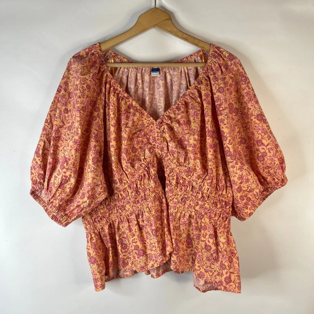 Old Navy Blouse Women XXL Pink Orange Floral Puff Sleeve Smocked Waist Peplum